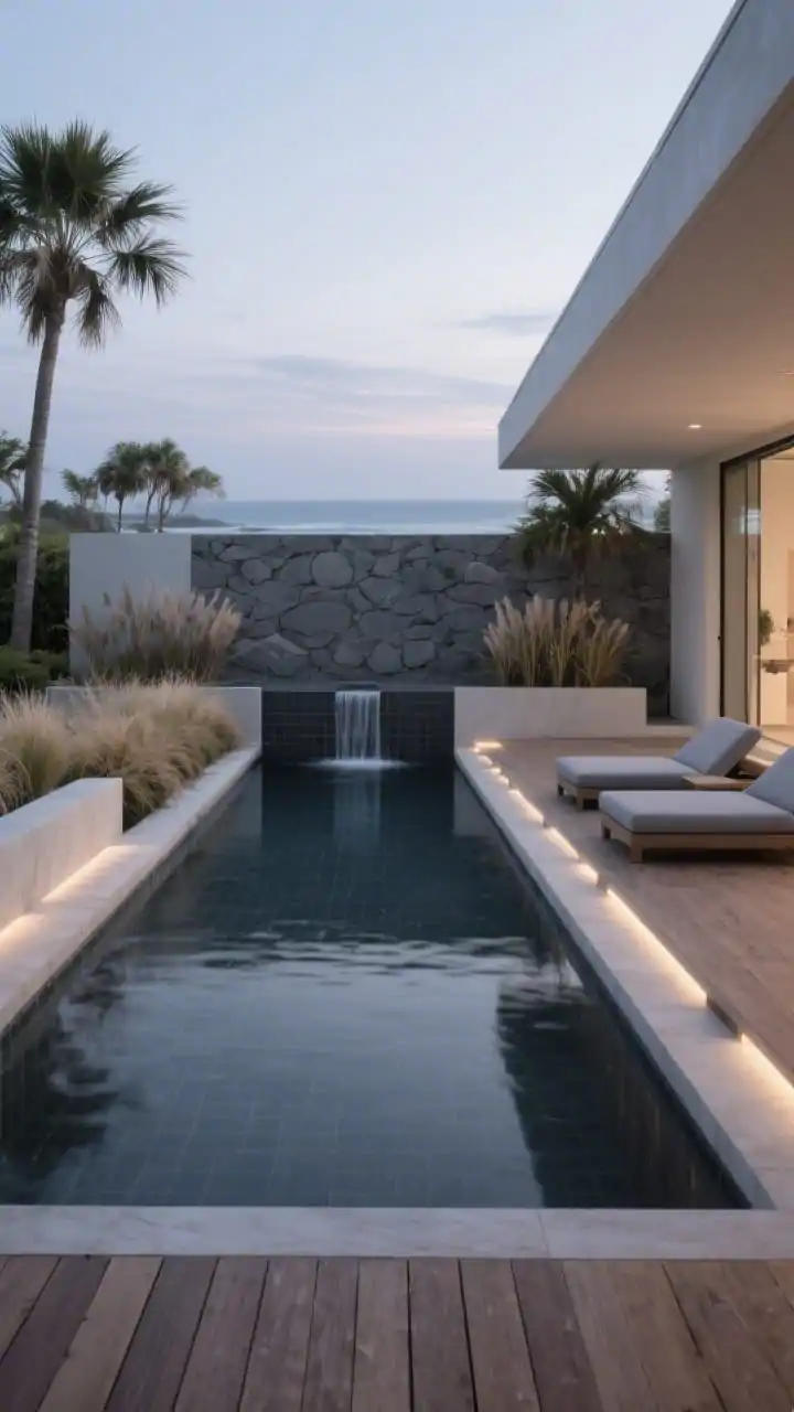 Photorealistic wide, minimalist Coastal Modern Zen retreat: narrow lap-style plunge pool in graphite tile creating inky calm water; smooth ipe decking with a built-in bench featuring waterfall edges; two low loungers in fog gray; a slim sheet fountain producing a soft hushed cascade; linear planting beds with sculptural grasses and dwarf palms; recessed deck lights and subtle step LEDs beginning to glow at dusk; hushed palette of stone, fog, and sea glass; clean, symmetrical composition.
