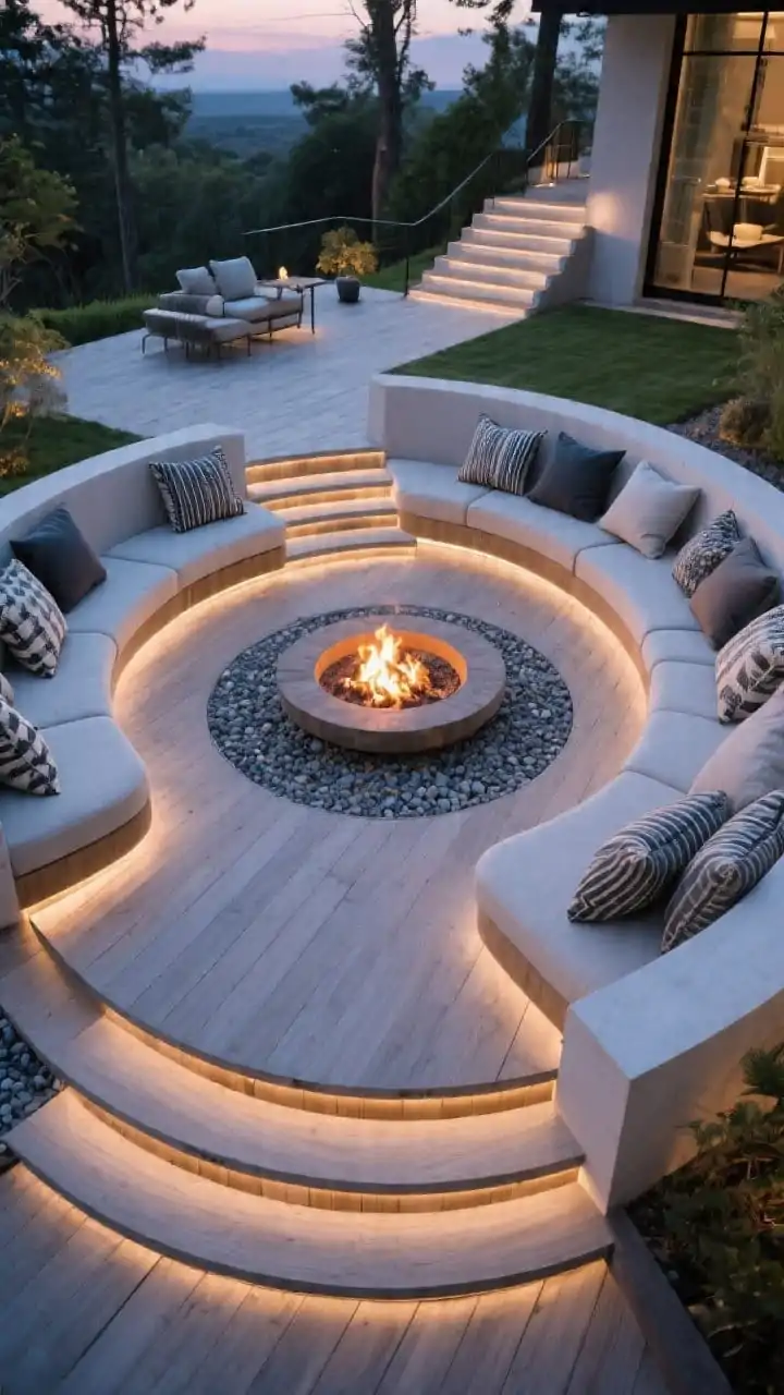 Photorealistic wide overhead angle of a curved, terraced deck embracing a round fire pit; gentle arcs with built-in curved benches and layered steps that double as extra seating; contrasting fascia trim along the curved edges to make the shape pop; gravel or stone insets encircling the pit for a safe, heat-tolerant zone; layered outdoor pillows in performance fabrics adding boutique-hotel energy; soft twilight lighting to highlight the curves
