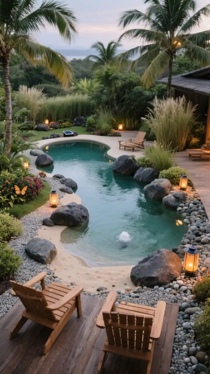 Photorealistic wide overhead/oblique shot of an eco-luxe freeform lagoon pool edged with rounded basalt boulders and river pebbles, featuring a shallow beach entry in pale sand-colored aggregate. Native/climate-appropriate plantings form micro-habitats: tall grasses, dwarf palms, flowering shrubs attracting butterflies. Reclaimed timber decking and permeable gravel paths for runoff control. Curved teak Adirondack chairs under wind-swaying coconut palms. A discreet bubbler near the shallows and a rock-fed rill adding gentle movement. Solar path lights and soft amber lanterns create a natural, un-staged evening glow; no people.