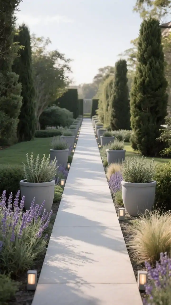 Photorealistic wide pathway scene with repetition and rhythm: a straight garden path lined on both sides with matching medium-sized matte gray pots placed at consistent intervals, leaving a 36-inch clear walking zone; plantings alternate subtly lavender, rosemary, and dwarf grasses to keep interest; subtle uplights at the path ends hinting at nighttime form; include a few evergreen anchors among the sequence; late afternoon light with long shadows, straight-on perspective guiding the eye down the path