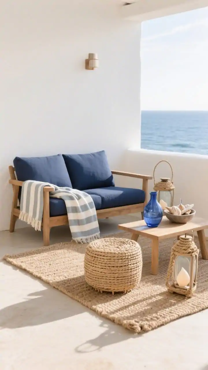 Photorealistic wide patio shot, coastal lounge vibe: a compact teak loveseat with soft navy cushions, two low woven stools that double as side tables, a jute-look outdoor rug grounding the arrangement, a light striped throw draped over the loveseat arm; accessories include a blue-glass vase, seashells in a bowl, rope-handled lanterns; palette of sand, white, indigo, and natural wood; gentle seaside late-afternoon light, corner angle capturing airy, relaxed mood, no people.