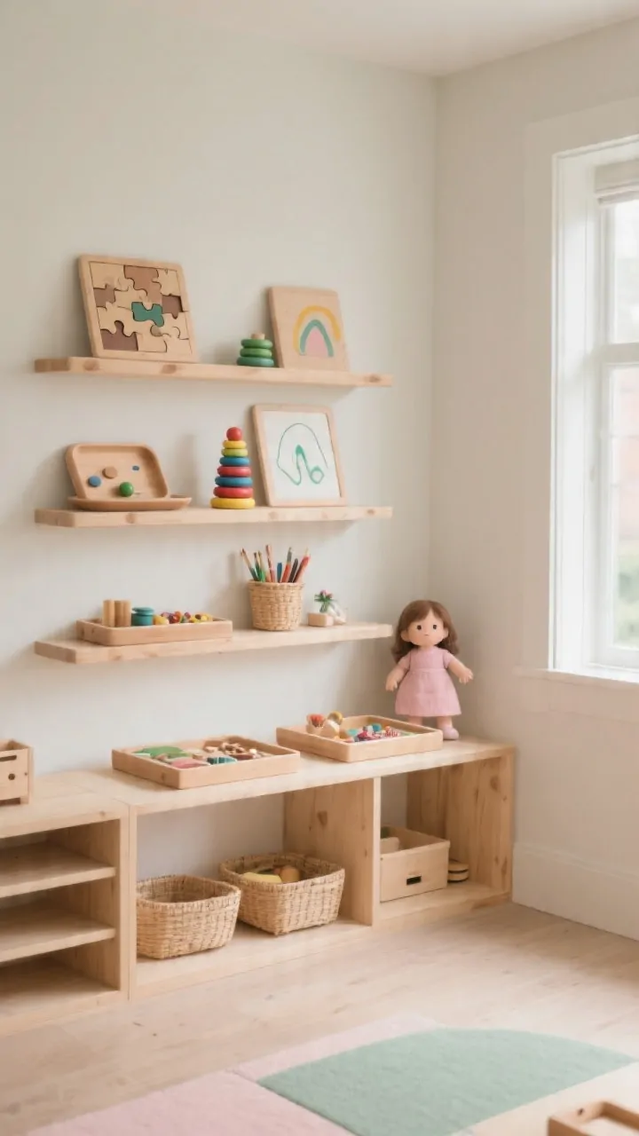 Photorealistic wide room shot focusing on low, open shelves curated Montessori-style: natural wood shelves with 5–8 activities face-out wooden puzzle on a tray, stacking rings, simple art set in a shallow basket, and a doll with tiny accessories neatly arranged. Each activity sits on trays or shallow baskets for easy carrying. Neutral palette with blush and sage accents, clear “homes” for items, extras hidden from view. Bright but soft daytime lighting, corner angle to show rotation-friendly layout and generous floor space for focused play.