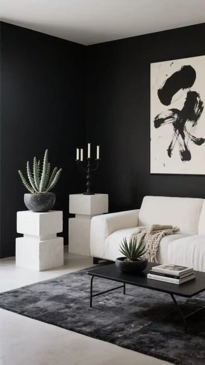 Photorealistic wide room shot from a corner angle of a monochrome living room in a black-and-ivory palette: ivory linen sofa, black metal coffee table, charcoal rug. Two staggered plaster-white cube pedestals display sculptural succulents taller cube with a candelabra euphorbia, shorter with a haworthia in a honed black stone bowl. A large abstract print with bold ink brushstrokes anchors the wall. Minimal accessories: a single woven throw and a small stack of art books. Soft, even natural light enhances linen, plaster, and stone textures, with ample negative space.