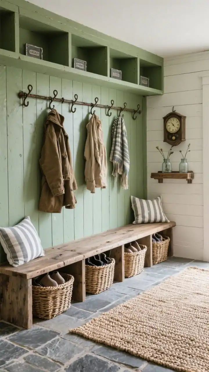 Photorealistic wide room shot of a Rustic Farmhouse Mudroom Wall: a full wall clad in sage green shiplap with a deep built-in weathered pine bench. Beneath the bench, four wicker baskets organize shoes and scarves. Above, an antique iron peg rail holds coats; open cubbies with small metal label frames sit overhead. Floor is tumbled slate tile, textured and forgiving. Striped cotton cushions along the bench and a braided jute rug add warmth. A reclaimed-wood shelf displays a vintage clock and mason-jar stems. Natural, cozy lighting with soft shadows; focus on layered textures woven, raw wood, iron, and slate. No people.