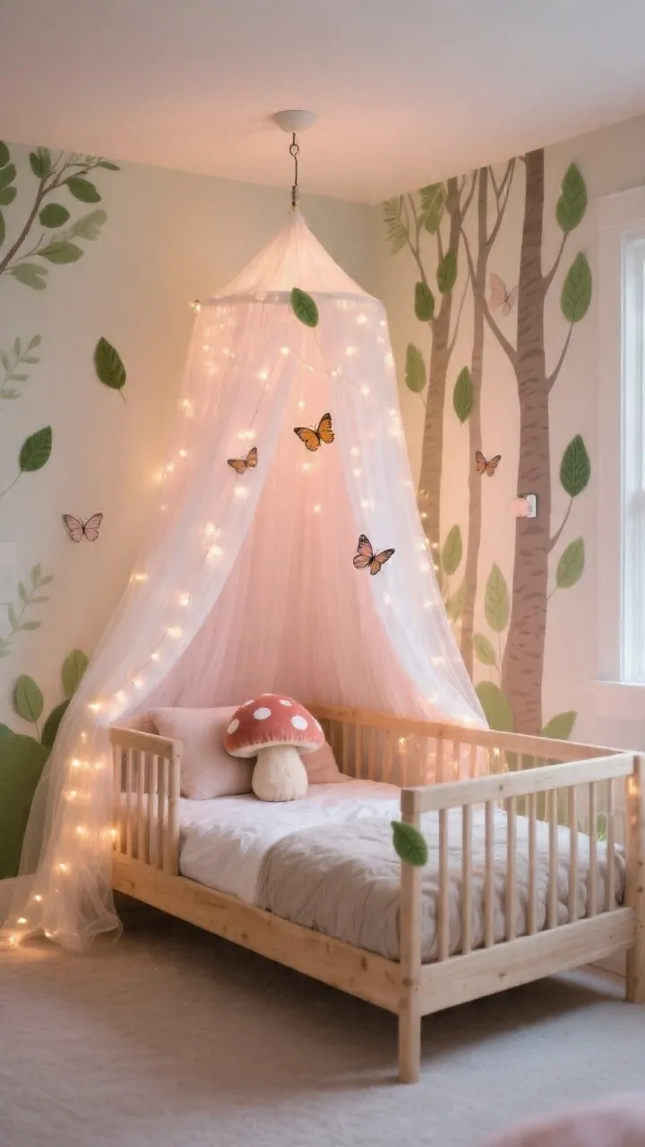 Photorealistic wide room shot of a toddler bed in a whimsical fairy forest theme: airy white/blush tulle canopy draped from a ceiling hook over the head of the bed, micro-LED fairy lights woven through the tulle with a gentle warm glow, soft greens, blush, and warm ivory palette; leafy wall decal behind the bed creating woodland vibes; felt leaves and tiny butterfly accents on the canopy, plush toadstool pillow on the bed; natural wood toddler bed with neutral bedding; rental-friendly Command hook visible subtly; evening ambient lighting with twinkle lights as primary source, soft shadows, cozy storybook mood; corner angle perspective.