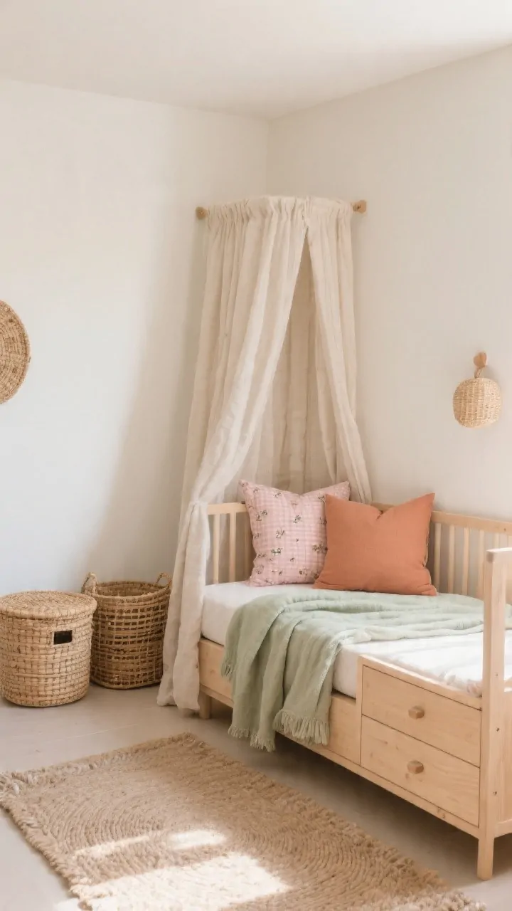 Photorealistic wide room shot showcasing a neutral Montessori nursery styled with soft pops: walls in warm white/oat, light wood furniture, rattan and linen accents; textiles introduce accent colors dusty rose throw pillow, sage muslin blanket, muted terracotta pillowcase; tiny floral or micro-check pattern subtly featured on a curtain panel or a single pillow; natural materials throughout rattan basket storage, linen curtains, wool rug; storage that blends lidded woven baskets and a low dresser with minimal hardware; soft, even natural light; overall calm, clutter-free vibe with surfaces mostly clear; overhead-leaning angle capturing coherent palette and layered textures.