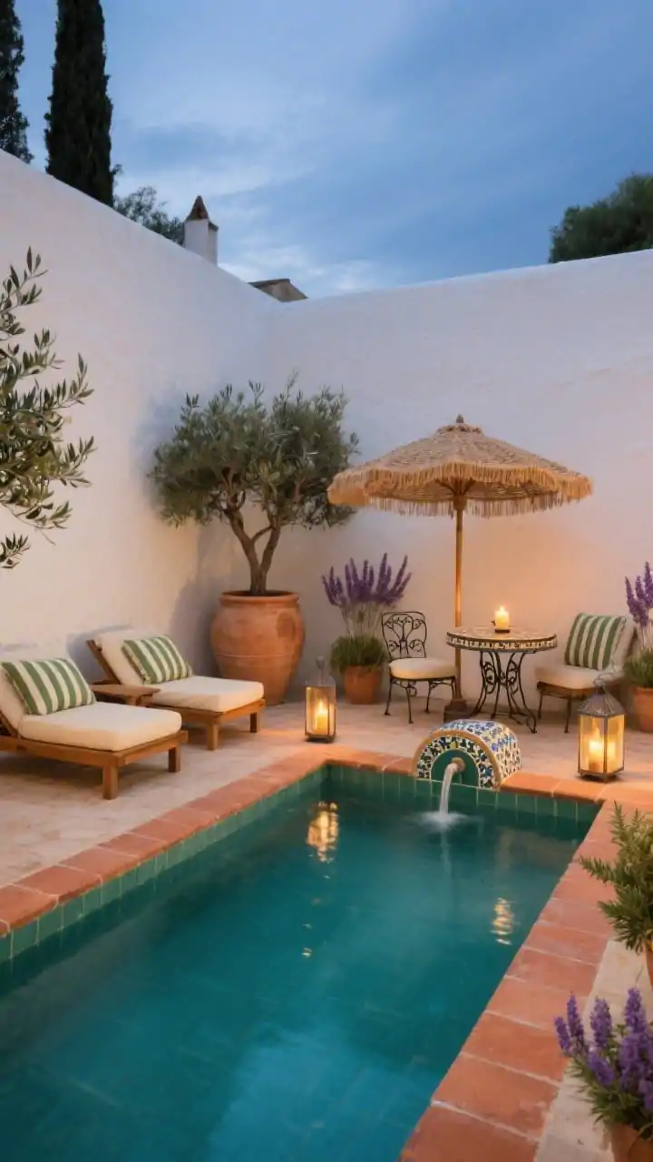 Photorealistic wide shot at dusk of a Mediterranean courtyard oasis: a deep teal pool edged with terracotta tiles, enclosed by whitewashed stucco walls. Oversized clay pots with olive trees, lavender, and rosemary scent the air. Low teak loungers with cream-and-olive striped cushions sit beside a woven umbrella and a small mosaic-topped wrought-iron bistro table. Lanterns with flickering candles cast warm pools of light; a tiled water spout trickles into the pool. Palette: teal, terracotta, cream, olive green. Materials: clay tile, stucco, teak, wrought iron.