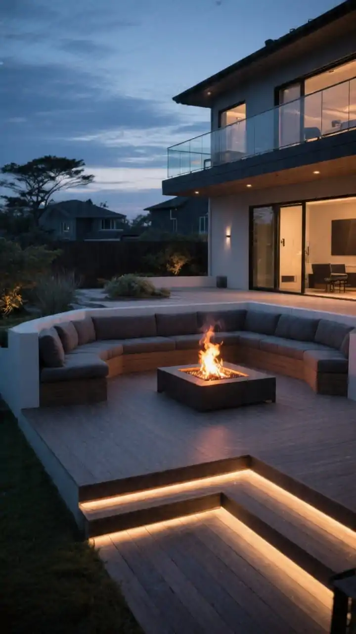 Photorealistic wide shot at dusk of a tiered deck with a slightly sunken lower-tier fire pit lounge; deep wraparound built-in bench seating forming a cocoon around a smokeless fire pit insert; composite decking with a contrasting border clearly defining the sunken dip; subtle LED step lights guiding down from the higher VIP-like balcony tier; moody, wind-sheltered ambiance with soft acoustic feel; no people, warm fire glow, clean modern lines