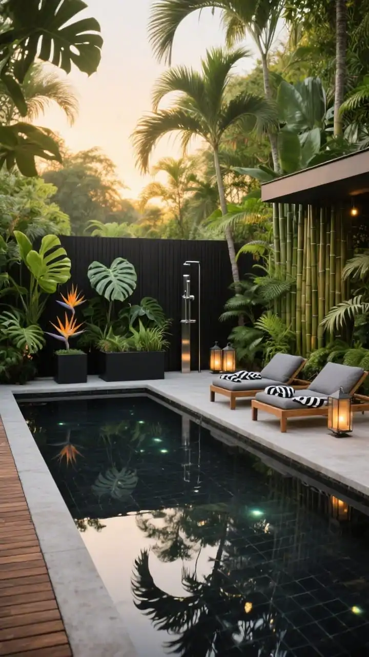 Photorealistic wide shot at golden hour of a modern jungle oasis featuring a black/deep-charcoal tiled pool reflecting dense tropical greenery; border planting of monstera, bird of paradise, philodendron, layered ferns, slender palms, and a privacy screen of giant clumping bamboo along a fence. Smooth concrete coping, matte black steel planters, and a narrow ipe wood boardwalk on one edge. Low-slung teak loungers with stone-gray cushions and black-and-white striped towels. A sculptural brushed-steel outdoor shower and a cluster of lanterns. Warm uplights on palms and subtle underwater LEDs creating a moody, glamorous scene; no people.