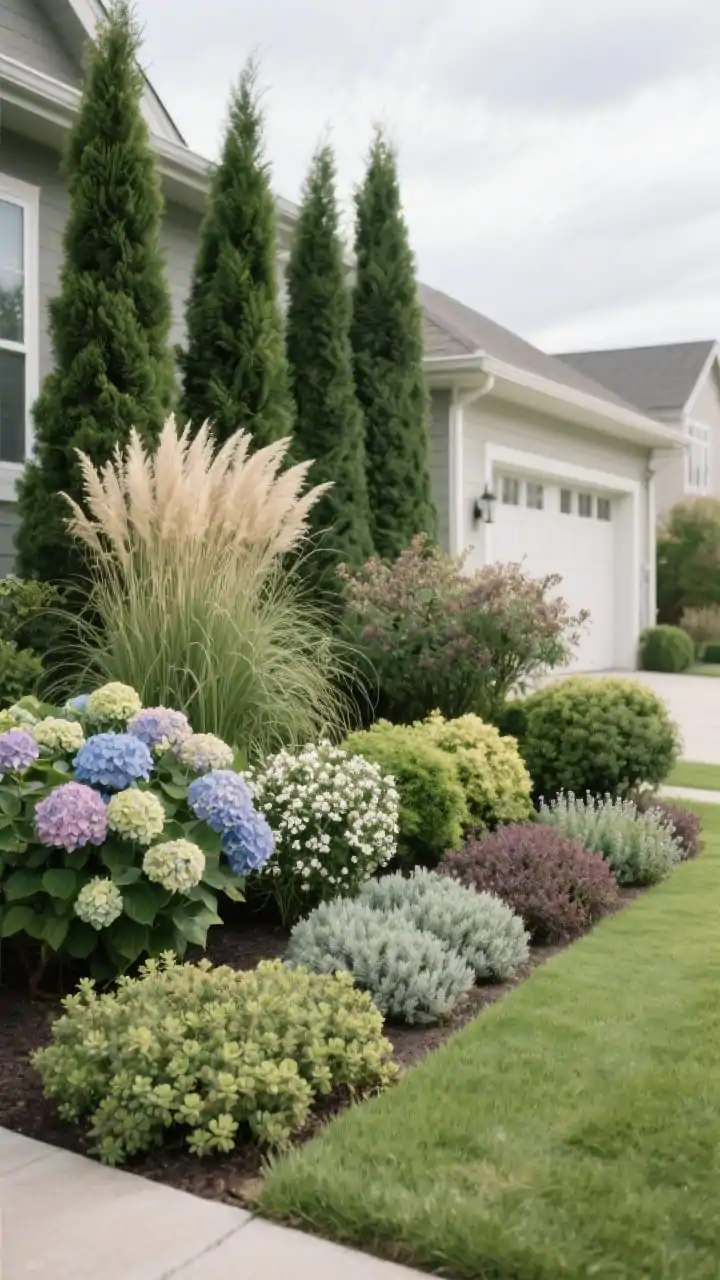 Photorealistic wide shot from a slight corner angle showcasing tiered plant layering for depth: tall back row near the house with upright evergreens (juniper and arborvitae) and a clump of ornamental grasses; middle row of flowering shrubs hydrangea, spirea, dwarf butterfly bush adding color and texture; front row groundcovers creeping thyme, sedum, dwarf mondo softening the lawn edge; grouped in odd numbers for a natural feel; bright overcast daylight to reveal plant form and texture, clean suburban frontage in view.