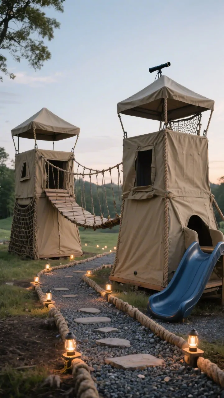 Photorealistic wide shot from a slight low angle of “The Adventure Bridge Camp”: two square towers (each 4x4’) at different heights (3’ and 5’), topped with low-profile canvas canopies. A suspension-style rope bridge connecting them: closely spaced wood planks threaded with heavy rope rails. One tower has a cargo net; the other a small slide; a spyglass mounted at the top. Ground cover of pea gravel or mulch with stepping-stone trail markers leading in. Battery-powered camp lights strung along the rails add warm points of light. Color palette: khaki, navy, rugged canvas. Early evening, camp-like ambiance, no people.