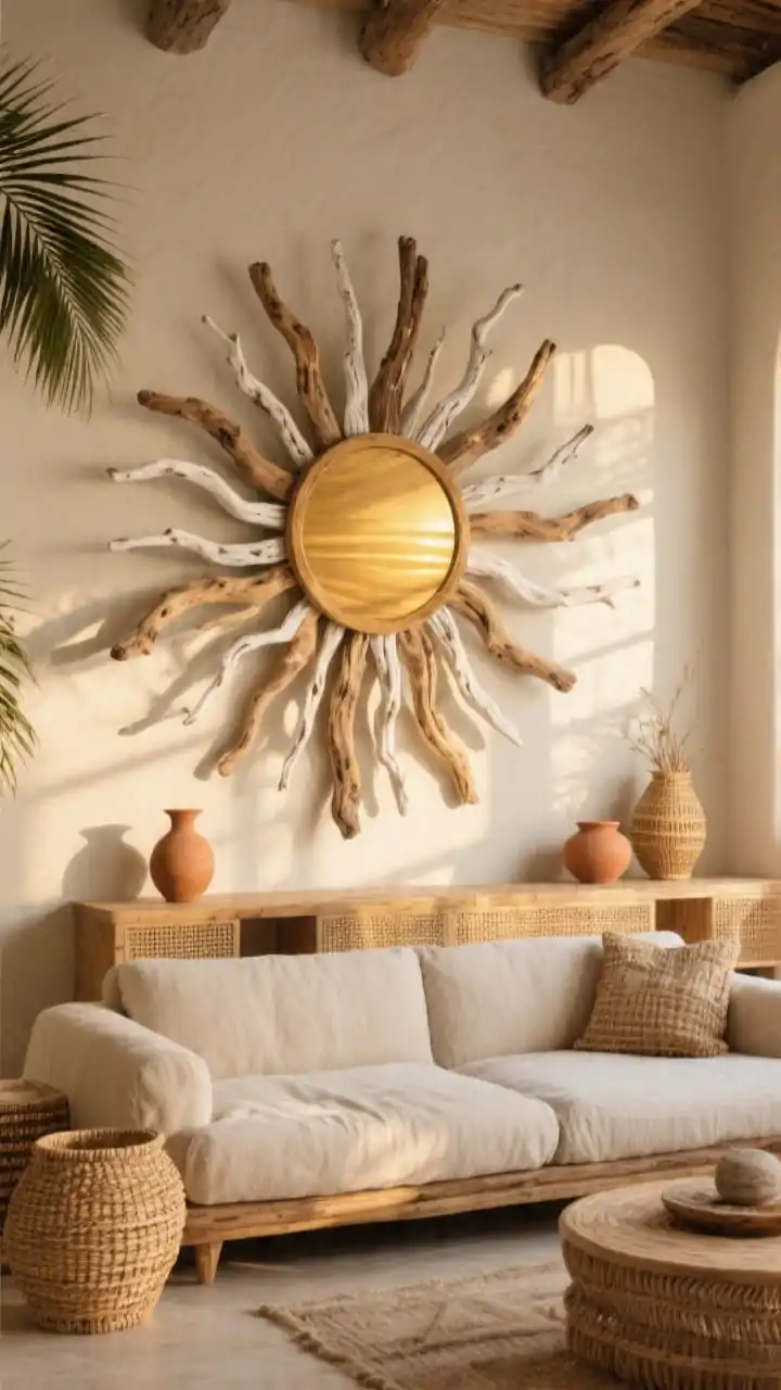 Photorealistic wide shot of a bold driftwood sunburst over a low linen sofa in a bohemian living room; a round palm-wood center hub with layered, similar-length driftwood rays radiating outward, interspersed with a few thin whitewashed branches for brightness; matte, non-gloss sealed finish preserving texture; walls in warm bone, accents of woven rattan and terra-cotta vessels on a console; golden morning-style natural light streaming in to evoke a Tulum sunrise, casting radial shadows from the sunburst.