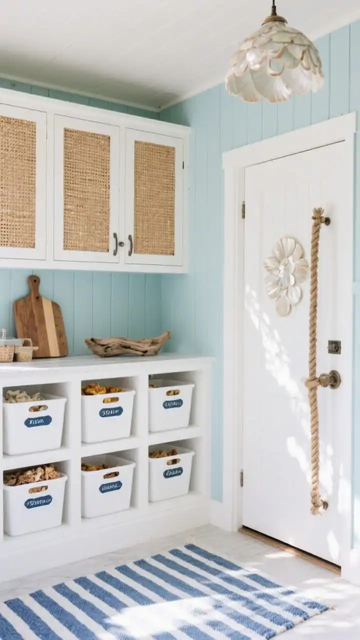 Photorealistic wide shot of a coastal breezy corner pantry: white tongue-and-groove cabinetry wrapping the corner, upper doors with woven rattan panels for breathability. Interior painted pale sea-glass blue with simple white melamine snack bins, labels in crisp navy script. Main door with a rope-detailed pull; nearby capiz shell pendant scattering dappled light. Style with driftwood cutting boards and a blue-and-white striped cotton rug. Bright, airy lighting; straight-on view.