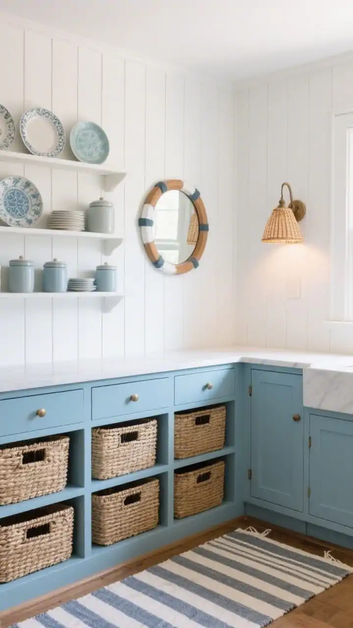 Photorealistic wide shot of a coastal pantry nook with white beadboard walls, powder-blue cabinet fronts below and open shelves above holding plates and matte ceramic canisters; woven seagrass baskets sliding like drawers in the lower section; a striped runner on the floor; a petite rattan sconce casting warm light; a porthole-style mirror on the back wall bouncing light to make the space feel airy; palette of soft white, coastal blue, and sandy neutrals; corner-angle perspective to show depth and breezy seaside charm.