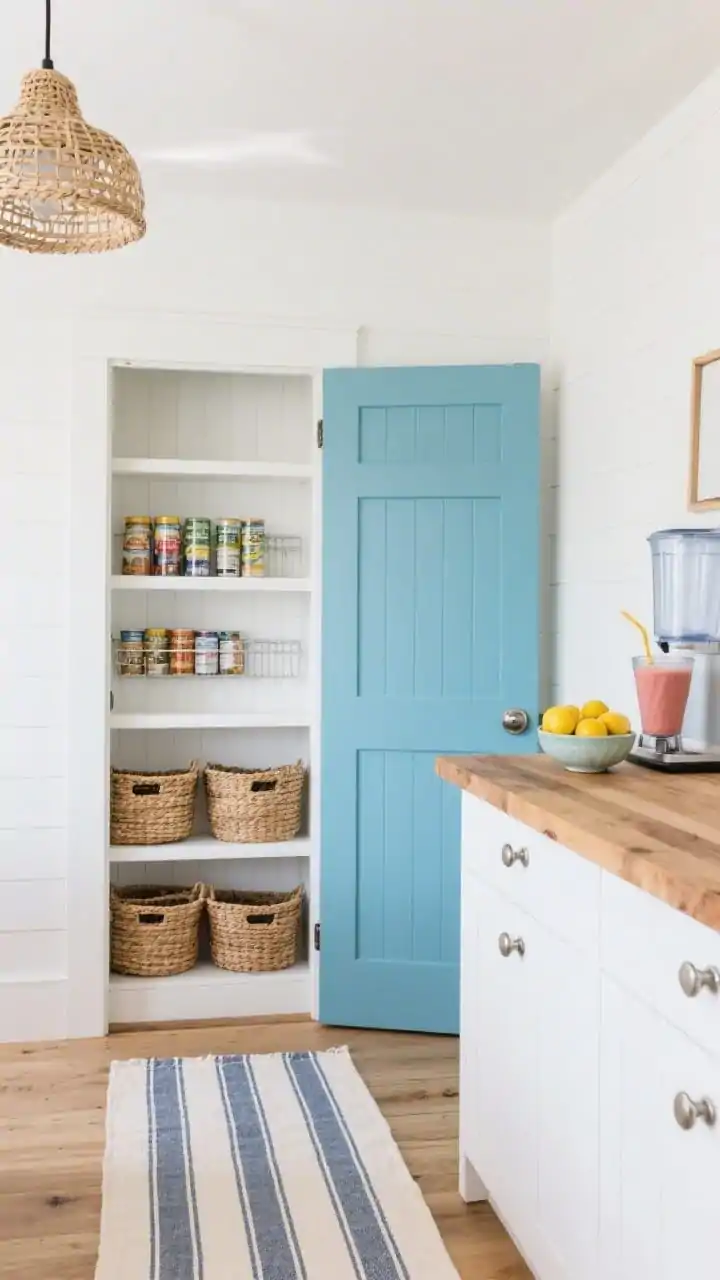 Photorealistic wide shot of a coastal pocket-door pantry: a slim pocket door painted sky blue slides open to reveal white-painted shelves lined with rattan baskets; small butcher-block counter set up as a smoothie station; inside of door fitted with a shallow rack for canned goods; striped cotton runner on the floor, woven pendant casting soft light, a bowl of lemons adding sunshine; airy, beachy palette with brushed-nickel hardware.