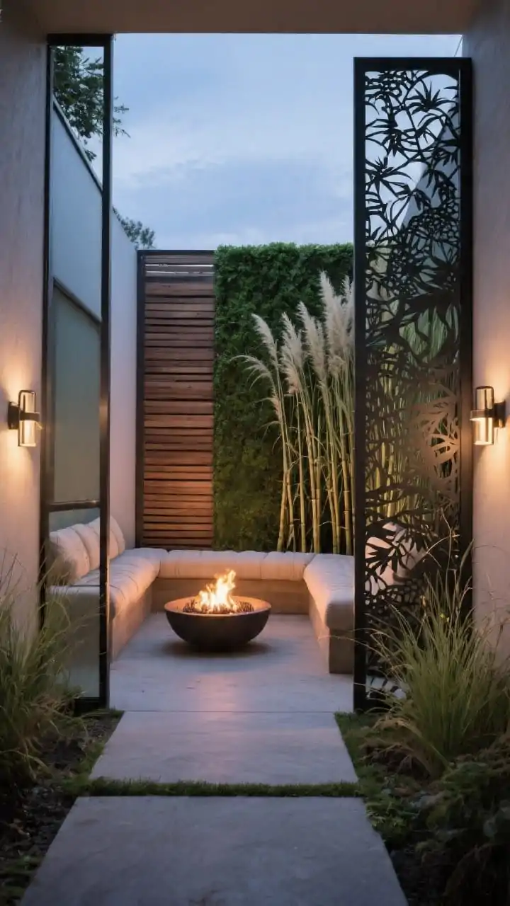 Photorealistic wide shot of a cozy nook tier defined by decorative privacy screens: alternating opaque and open panels in slatted wood and laser-cut metal, with a living green wall element; tall grasses or bamboo planted near screens for movement and sound buffering; the fire pit tucked just beyond for seclusion while maintaining airflow and light; weatherproof sconces mounted on screens framing the path to the pit; calm, intimate evening mood