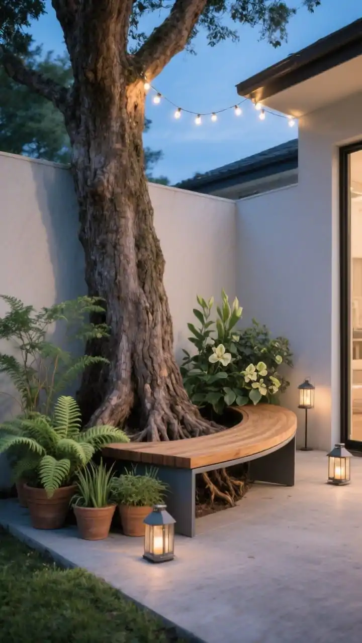 Photorealistic wide shot of a cozy tree nook: a curved bench hugging a large trunk with ample space for roots and trunk flare, rendered in teak or powder-coated metal to complement a modern home; beneath and around, a neat ring of low, narrow pots planted with shade lovers ferns, liriope, and hellebores without impeding airflow; soft string lights above and a couple of small solar lanterns staked nearby for evening ambiance; captured at blue hour with gentle glow, corner angle showing the inviting seating area