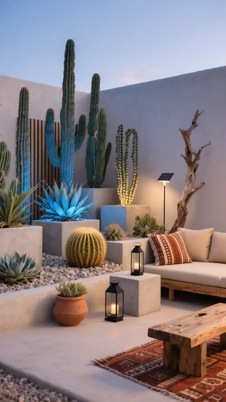 Photorealistic wide shot of a desert modern oasis at twilight: sculptural arrangement of cacti, succulents, and agave blue glow agave, echeveria, golden barrel cactus, string of pearls displayed on a pale decomposed granite or pebble mulch base; mixed-height concrete planters forming a gallery-like composition; slatted acacia loveseat with sand-toned cushions, cement cube side table, sun-bleached wood bench; Southwestern textiles a kilim pillow and rust-striped rug adding warmth; weathered terracotta, matte black lanterns, and a piece of sculptural driftwood; solar stake lights spotlighting plant silhouettes; serene, minimal, modern mood.