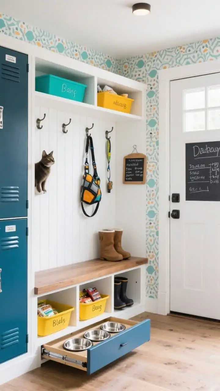 Photorealistic wide shot of a family-friendly mudroom corner: built-in unit with a bench over boot storage, tall cubbies labeled for each pet, and a floor-level slide-out drawer extended to reveal stainless feeding bowls. Each cubby features colorful locker-style bins teal for the cat, marigold for the dog organized with food and treats. Sturdy hooks hold leashes and harnesses; wipeable patterned wallpaper adds a playful backdrop. A chalk tray by the door displays daily notes and measurements. Bright, functional lighting; palette of white, navy, teal, marigold, and brushed steel.