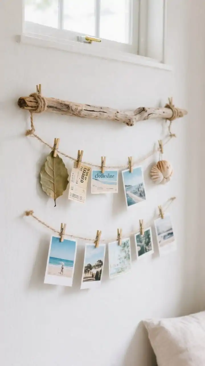 Photorealistic wide shot of a frame-free coastal “clothesline” display: a length of driftwood hung on a white wall with jute twine tied end-to-end and two additional lower rows forming tiers; mini clothespins and small brass binder clips hold a mix of photos and postcards; tucked between are pressed leaves, a ticket stub, and a tiny shell bundle; casual, personal mood; overhead daylight from a nearby window; subtle beachy textures.