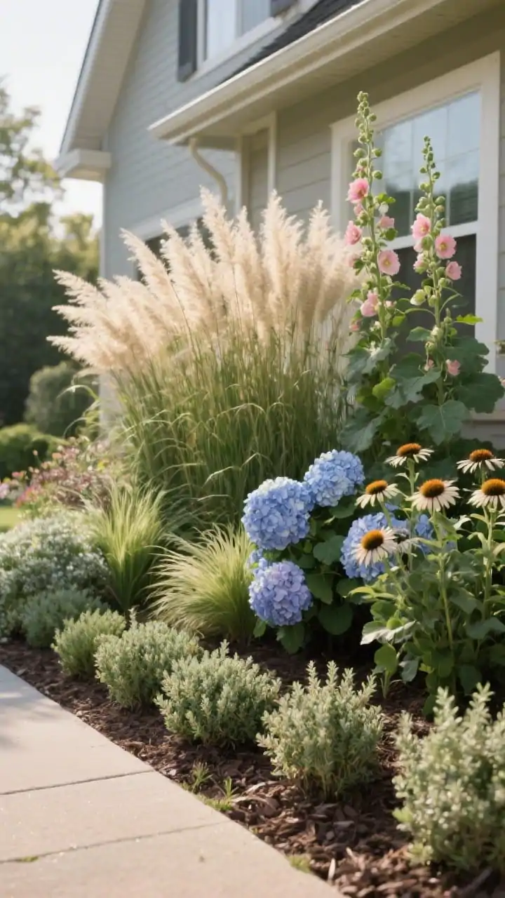 Photorealistic wide shot of a layered front garden bed against a house facade, showing depth and dimension: back row tall ornamental grasses with feathery plumes and a few hollyhocks; middle layer of hydrangeas and coneflowers; front edge filled with low creeping thyme and dwarf mondo grass. Plants grouped in odd-numbered clusters for a designer look. Mix of textures soft grasses beside glossy hydrangea leaves. Slight corner angle to show layering, bright but diffused morning light, natural colors, mulch between plants, tidy borders, no people.
