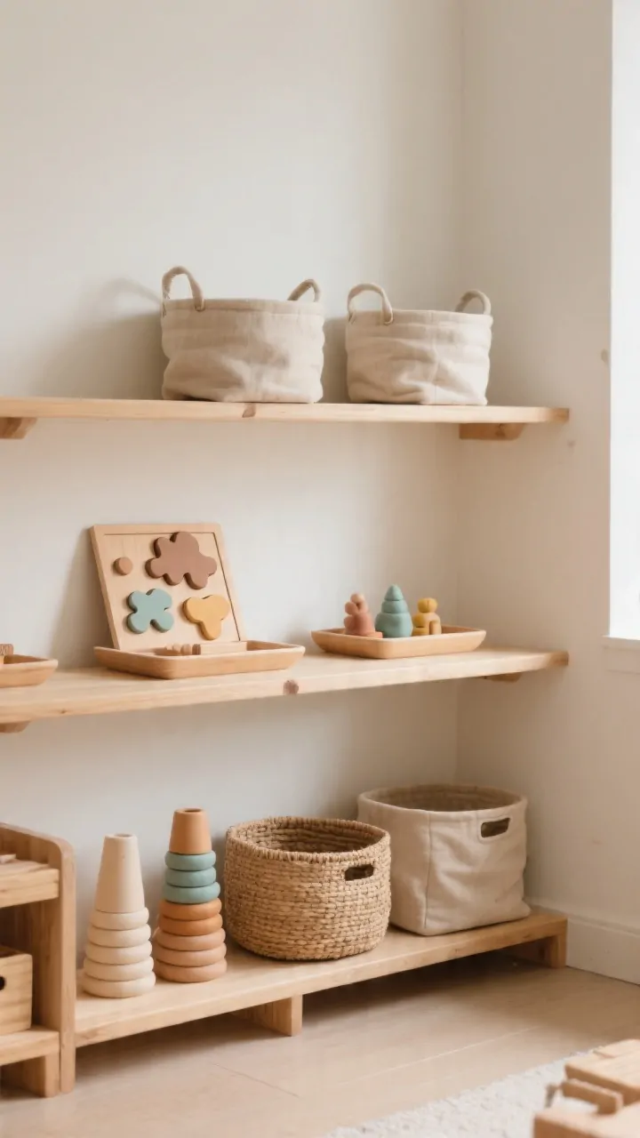 Photorealistic wide shot of a low, open Montessori toy shelf with three levels against warm white walls: top shelf holding two soft fabric baskets; middle shelf displaying a wooden puzzle and a silicone shape toy each on shallow trays; bottom shelf with larger items like stacked silicone stacking cups; mix of materials light wood shelf, woven and fabric baskets, wood and silicone toys; minimal surrounding clutter with clear floor space; gentle natural lighting, neutral base tones with subtle earthy accents; composition emphasizes visibility and reachability, angled corner perspective to show all tiers.