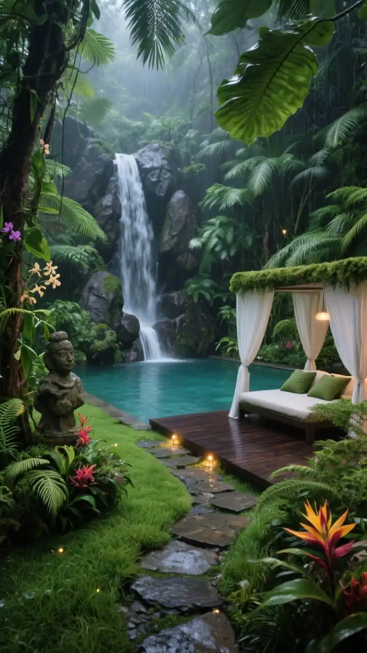 Photorealistic wide shot of a lush rainforest retreat with a dramatic rock waterfall pouring into the deep end of a pool, framed by ferns and split-leaf philodendron. Layered greenery with mondo grass groundcover, flowering gingers and heliconias, plus tree ferns and areca palms for volume. A winding flagstone path disappearing into dense planting beds. Dark-stained hardwood decking. A canopy daybed with sheer white curtains and mossy-green cushions. Hidden well lights at the waterfall base and soft path lights like fireflies; orchids tucked into tree crevices and a weathered stone statue for jungle-chic character; humid, immersive mood; no people.