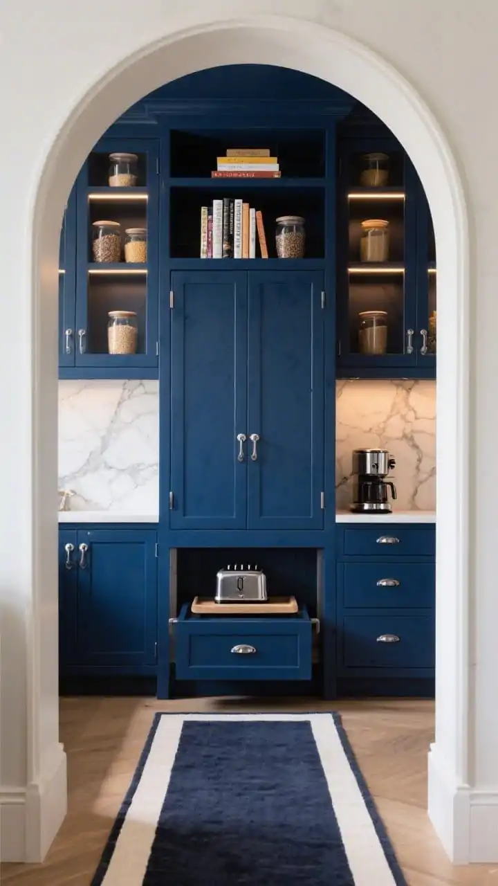 Photorealistic wide shot of a luxe pantry tower with an arched entry: a soft arch painted deep ink blue framing a floor-to-ceiling satin-lacquer pantry tower. Upper cubbies display cookbooks and decanted grains lit by warm LED strips; below, a closed bi-fold appliance garage conceals a pull-out tray for toaster and espresso machine. Polished nickel hardware gleams; adjacent wall clad in Calacatta-look backsplash. A plush midnight-and-ivory runner leads into the nook. Dramatic yet refined lighting; centered symmetrical view.