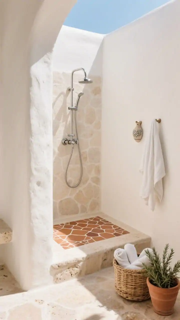 Photorealistic wide shot of a Mediterranean stone nook: small L-shaped stucco walls in creamy off-white glowing in sun-washed light; chiseled travertine threshold as a simple step-in curb; brushed nickel gooseneck shower with classic curve; floor inset featuring a hand-cut terracotta tile mat as a mosaic moment; wicker basket with rolled linens, terra-cotta pot of rosemary, and a small ceramic peg for robes; soft coastal brightness, palette of soft white, sand, terracotta, and nickel