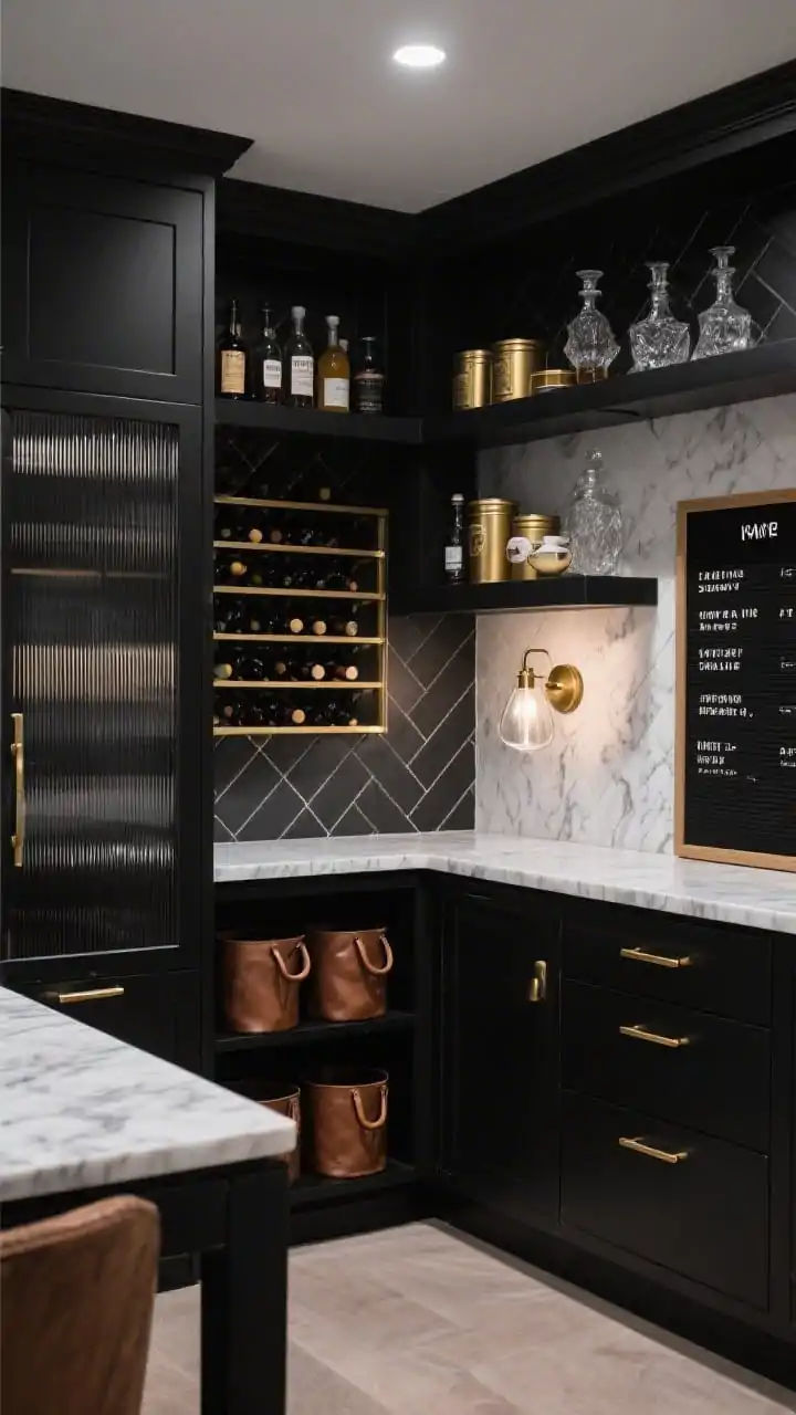 Photorealistic wide shot of a modern black-and-brass pantry bar nook in a dining room corner, angled perspective: matte black cabinetry with ribbed glass doors, a veined Calacatta-look quartz countertop, brushed brass pulls; upper shelves display bar syrups, tea tins, and cut-glass decanters; deep lower drawers closed; a built-in wine rack centered like jewelry; backdrop features a charcoal herringbone tile backsplash; leather-handled bins on a lower open shelf; a single brass sconce with a smoky glass shade casts a warm evening glow across the ribbed glass; include a black letterboard with menu notes; color palette: matte black, brass, marble white; moody speakeasy ambiance.