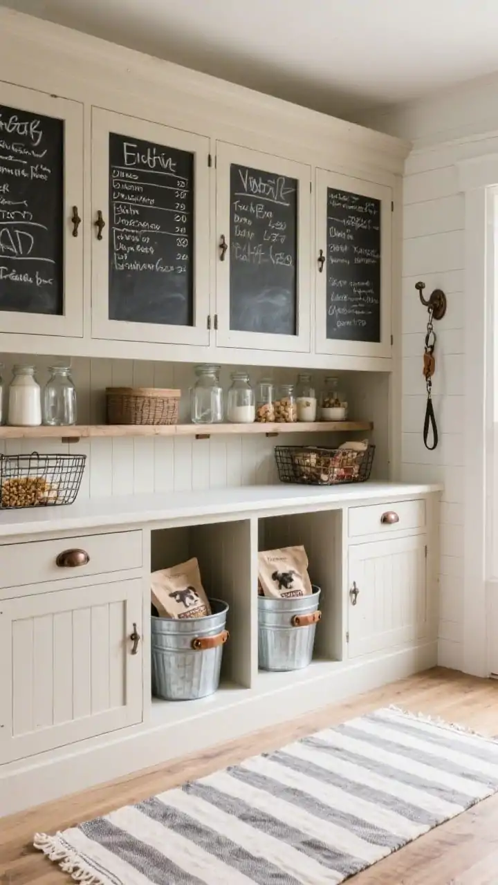 Photorealistic wide shot of a modern farmhouse hutch in creamy greige with chalkboard inset doors, handwritten feeding schedules and vet notes visible in chalk. Inside the open lower cabinets: galvanized metal bins with leather pulls holding kibble bags, wire baskets dividing treats by pet. A striped linen runner on the floor, vintage milk glass jars organized on a middle shelf, oil-rubbed bronze hardware throughout, and a rustic wall hook nearby holding leashes. Cozy, nostalgic mood with soft ambient daylight; colors: greige, black, galvanized silver, warm linen.
