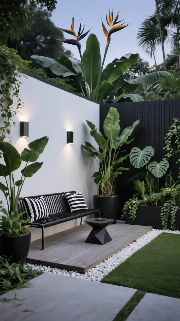 Photorealistic wide shot of a modern monochrome jungle patio at dusk: black, white, and deep green palette; sleek black-metal low-profile bench against a charcoal privacy screen; tall architectural plants bird of paradise, rubber plant, zz plant, monstera in matte black planters; trailing pothos and ivy softening edges; zones defined by crisp white gravel or pebble mat; slatted wood platform under seating; minimalist wall sconces and hidden solar uplights casting subtle highlights; a single sculptural planter as focal point; black-and-white striped cushions and a geometric side table; straight-on, clean-lined composition.