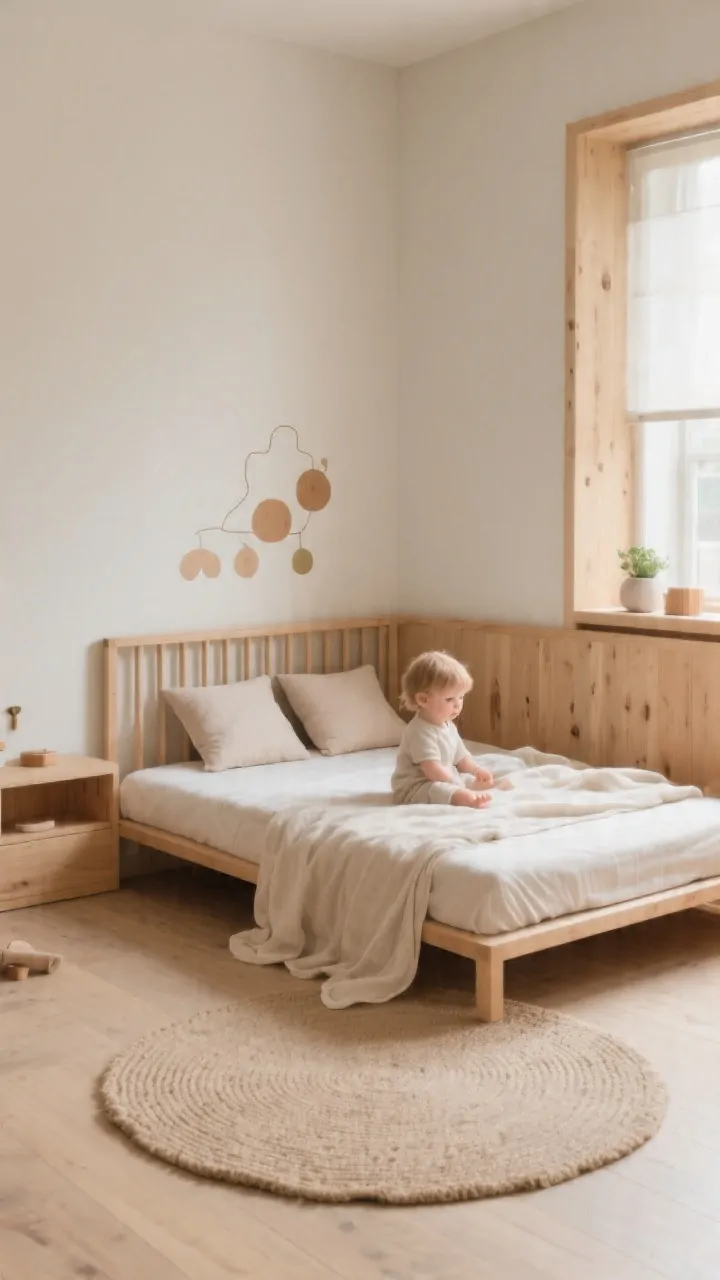 Photorealistic wide shot of a Montessori toddler bedroom featuring a low-profile floor bed on a breathable wooden slat base, soft oat-colored rug beside the bed for safe landings, lightweight muslin blanket and two small pillows the child could move, neutral walls with a playful wall decal positioned at bed height, natural morning light filtering in, warm wood tones and minimal clutter to emphasize independence