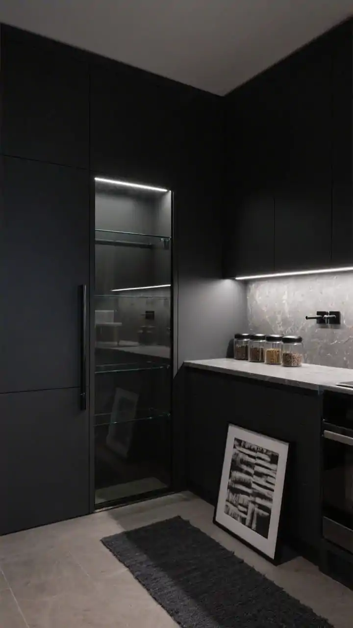 Photorealistic wide shot of a moody modern kitchen corner: floor-to-ceiling pantry with graphite-black flat-panel doors and a slim blackened steel edge pull. Open door reveals smoked glass shelves against a deep charcoal wall, uplighted by hidden LED strips. Adjacent counter in honed soapstone with brushed black fixtures; square glass spice jars with matte black lids lined up. Include a charcoal runner on the floor and a large statement art print leaning nearby. Low, dramatic lighting; three-quarter corner view.