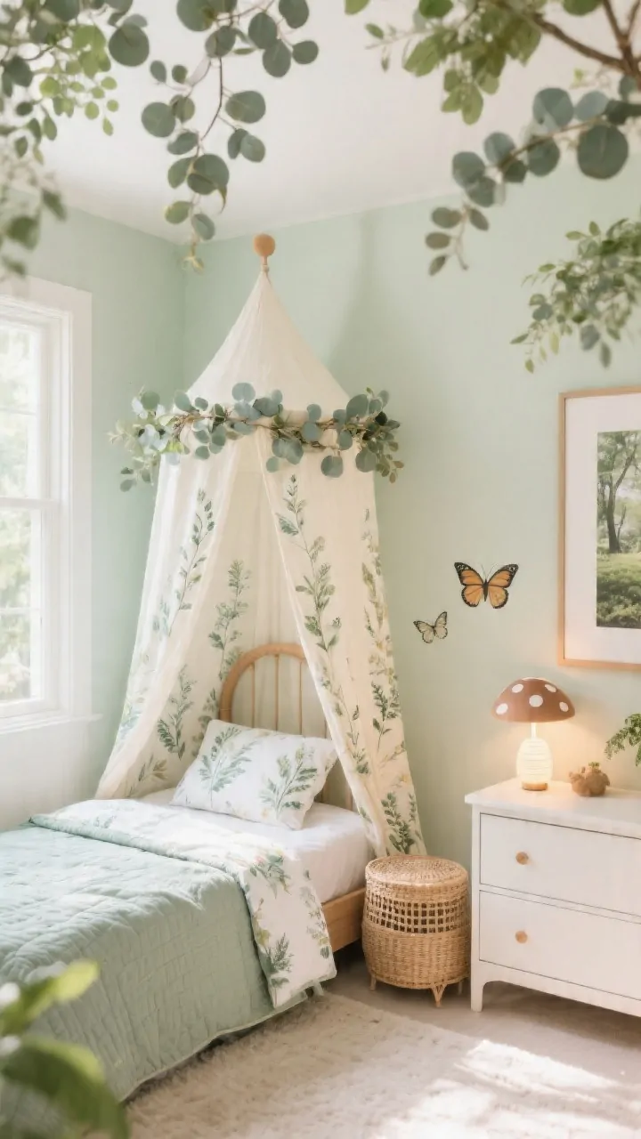 Photorealistic wide shot of a nature-inspired garden canopy bedroom: soft sage or warm white walls, a toddler bed with a light canopy adorned with a faux eucalyptus leafy garland around the hoop; botanical-print sheets paired with a solid quilt; nature touches including a rattan table lamp, butterfly wall decals, and a mushroom-shaped nightlight; a framed nature print above the dresser; gentle morning light, airy and fresh atmosphere, no people