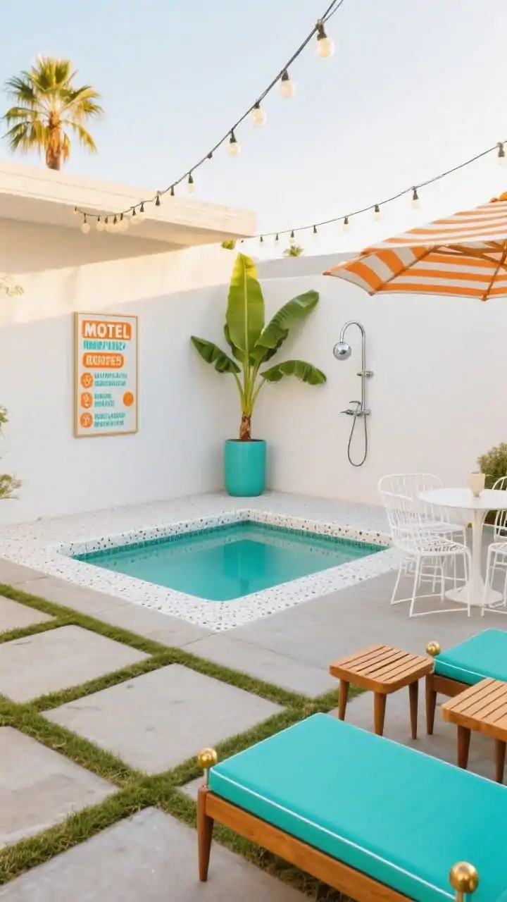 Photorealistic wide shot of a Palm Springs micro-resort–style compact backyard: a petite rectangular plunge pool edged in white terrazzo, concrete pavers with dwarf mondo grass joints, mid-century teal loungers with tapered wood legs and brass caps, slatted teak side tables, a white wire-frame bistro set, a retro stripe umbrella, a cantilevered outdoor shower with a round chrome head, globe string lights zigzagging overhead at golden hour, a big banana leaf in a matte cylinder planter, and a vintage motel sign–inspired pool rules print; bold palette of turquoise, citrus orange, and optic white; crisp, clean lines and poolside glam, straight-on view.