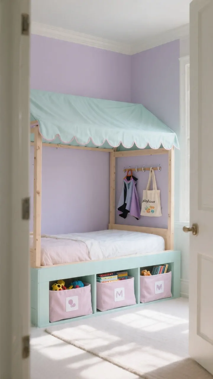 Photorealistic wide shot of a pastel playhouse canopy with storage smarts: bed framed by a lightweight wood “playhouse” structure with a simple fabric roof draped over wall-mounted rods; scalloped canopy edge with neat iron-on trim; soft mint or lavender painted frame tying the palette together; under-bed pastel fabric baskets with icon labels visible for toys and books; a bedside peg rail holding dress-up capes and a mini canvas tote for bedtime books; tidy yet playful scene with natural daylight and gentle shadows, captured from the room’s doorway for full context.