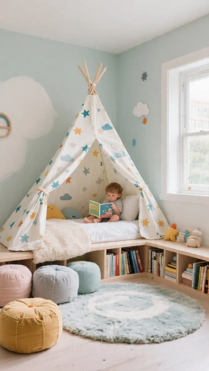 Photorealistic wide shot of a playful mini adventure nook: a toddler bed with the canopy pulled slightly forward to create a tent-like reading zone at the foot of the bed; canopy in a fun print with stars and tiny clouds; floor cushions and poufs forming a soft landing area, a washable high-pile rug underfoot, low face-out book ledges along the wall within arm’s reach; natural daytime light from a side window, corner perspective emphasizing the day-fort vibe, no people, whimsical and cozy