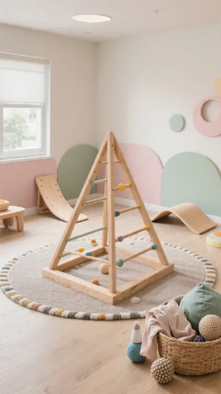 Photorealistic wide shot of a safe movement and sensory area: a low Pikler-style triangle in natural wood centered on a thick, non-slip rug or play mat with rug tape anchoring corners. Include one main climber only; nearby a balance board leaned neatly or a folded foam ramp just in view to imply rotation. Add a sensory basket with silks, bean bags, textured balls, and a calm-down bottle. Neutral room with blush and sage accents, generous floor clearance, even daylight, showcasing gross-motor play within safe limits.