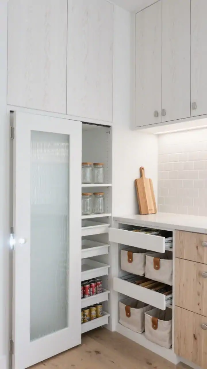 Photorealistic wide shot of a Scandinavian slide-in pantry with floor-to-ceiling white oak veneer panels and flush push-to-open cabinet fronts; pocket door with reeded glass partially open, motion-sensor LEDs gently fading on to illuminate the interior; inside: modular organization with pull-out trays, tiered dividers for cans, a narrow vertical cubby for cutting boards, a tiny prep ledge with a soft-white micro tile backsplash; accents include frosted glass jars with maple lids and linen bins with leather pulls; palette of white, pale oak, and soft gray; clean straight-on composition emphasizing serene minimalism and hidden smarts.