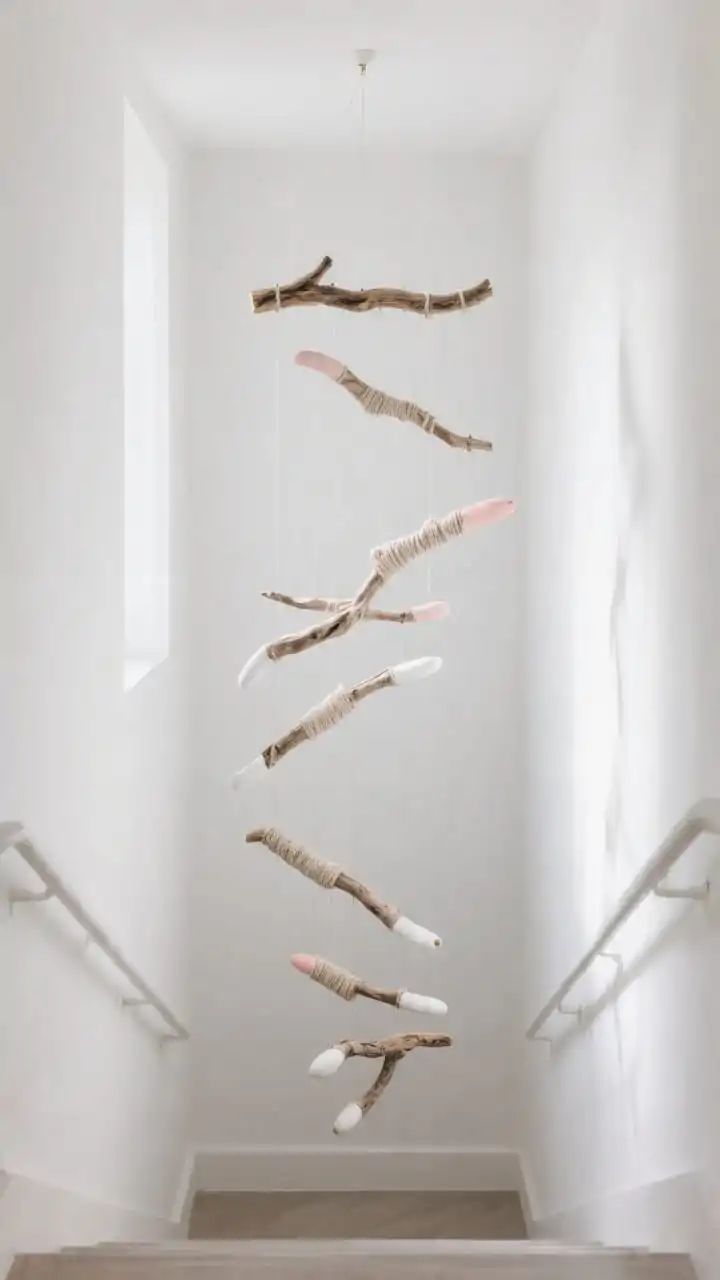 Photorealistic wide shot of a sculptural driftwood branch mobile suspended in a stairwell landing; 5–9 slim, sun-bleached branches in varying lengths balanced on nearly invisible fishing line into a gentle arc with a cascading spiral; a few tips painted in muted white and pastel blush, some sections wrapped with linen thread; clean white walls, ample vertical negative space, soft natural light allowing slight, elegant sway.