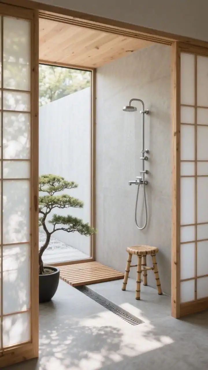Photorealistic wide shot of a serene Japandi outdoor shower stall framed by shoji-inspired privacy screens: cedar frames with frost polycarbonate panels glowing softly in natural sunlight; smooth concrete slab pitched to a linear drain with a narrow removable teak slatted platform on top; understated brushed stainless wall spout and concealed mixer; a single Japanese maple in a charcoal planter and a low bamboo stool; calm, diffused daylight for minimalist zen meets Scandinavian cozy, palette of pale wood, soft gray, and stainless