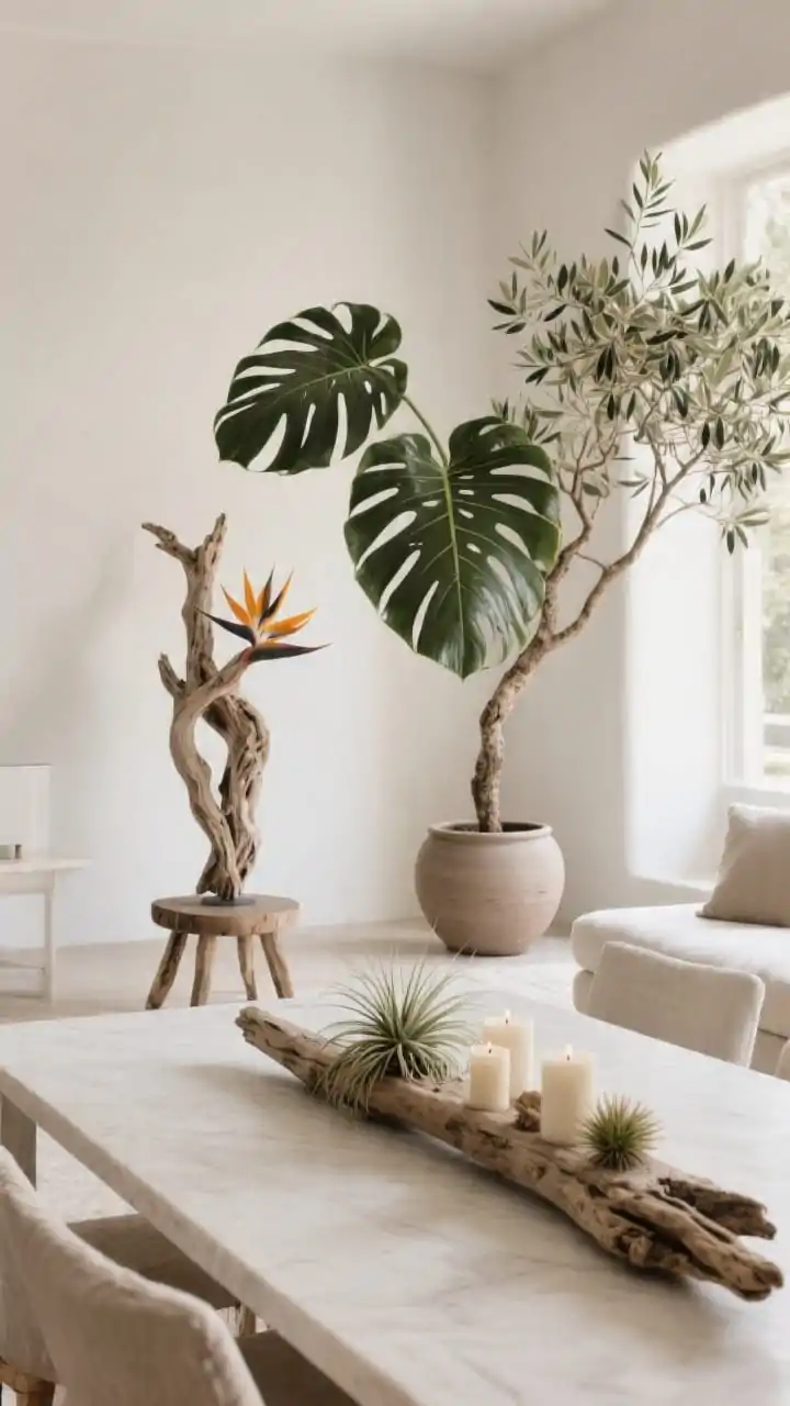 Photorealistic wide shot of a serene living space bringing the outdoors in: a freeform driftwood sculpture displayed on a low stool like a gallery plinth; a long, flat driftwood centerpiece on the dining table styled with candles and nestled air plants (tillandsia); large tropical plant (Monstera or Bird of Paradise) balancing the rugged wood; optional olive tree in a matte ceramic pot for a Mediterranean-meets-Tulum vibe; bone white and soft taupe palette, gentle daylight, minimal visual clutter.