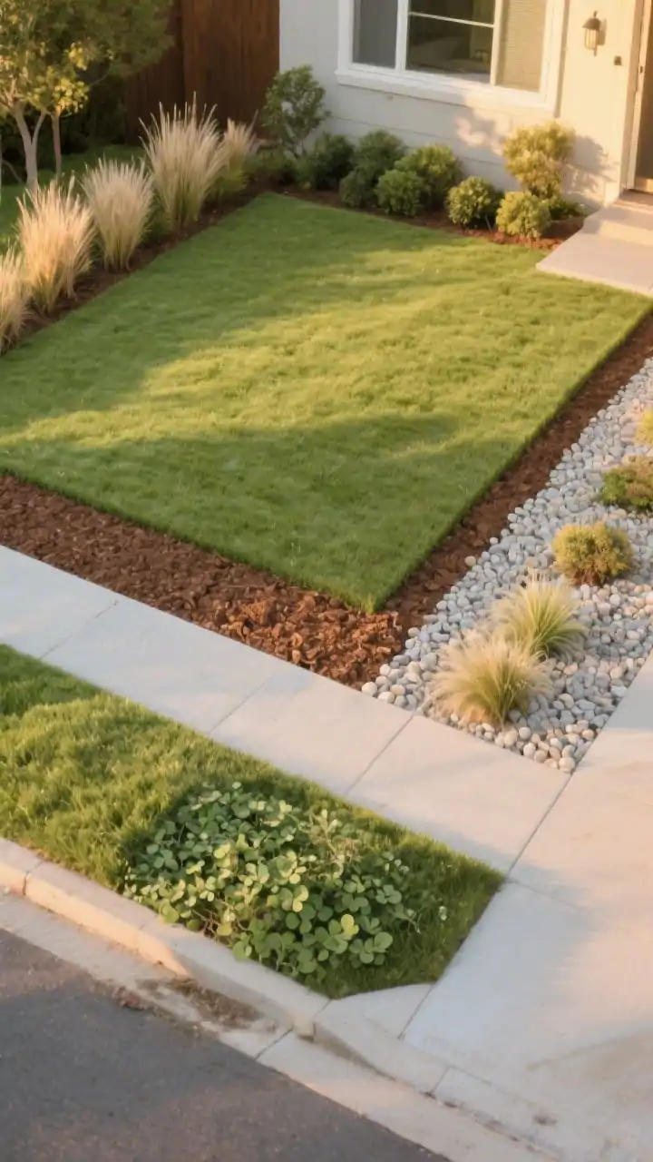 Photorealistic wide shot of a small front yard redesigned with a reduced lawn panel: a rectangular, impeccably edged grass panel centered in the space, bordered by warm brown mulch on one side and pale pea gravel on the other for definition and weed reduction. Edges softened with a line of dwarf ornamental grasses and low shrubs. Include a subtle option area with clover lawn texture blending into the turf for eco-friendly appeal. Golden-hour side lighting to highlight textures; taken from an elevated curbside perspective.