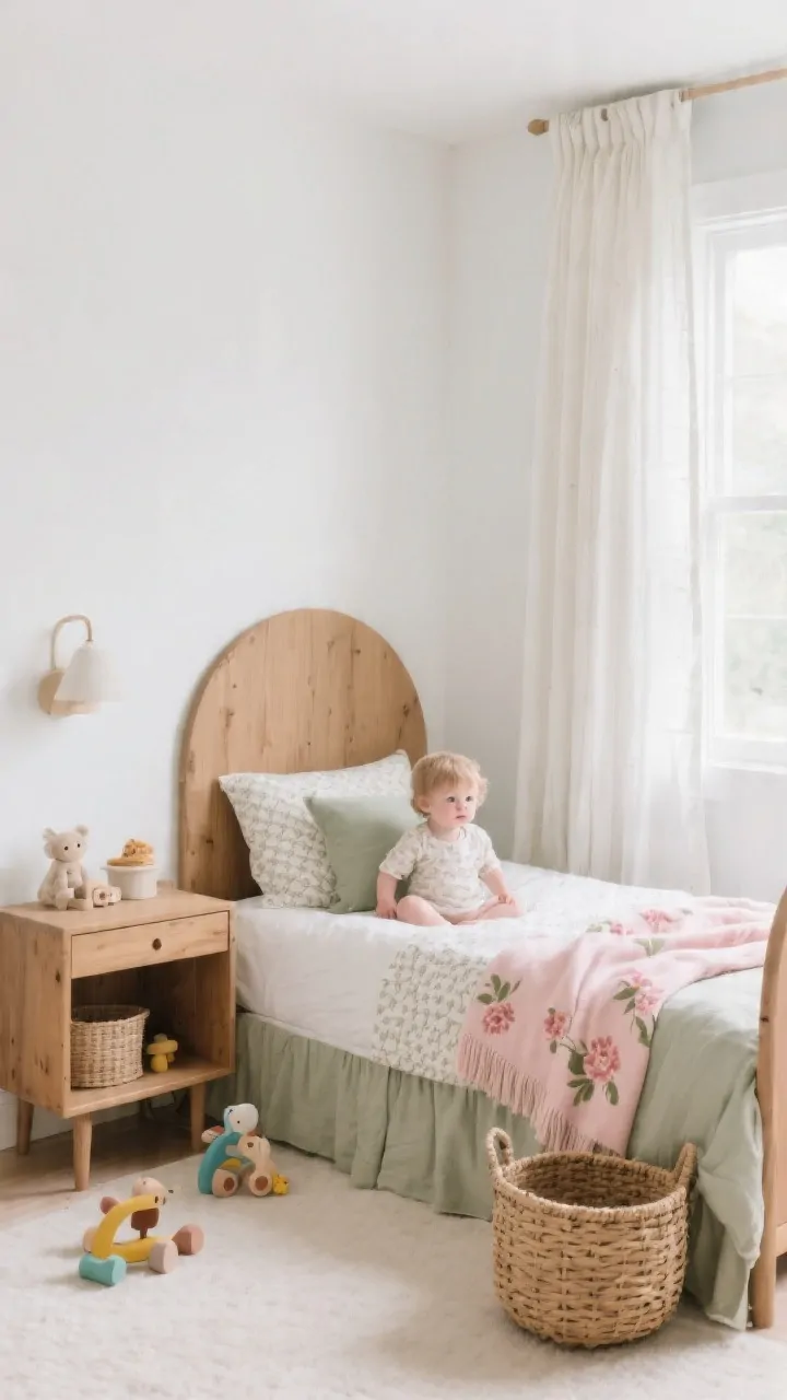 Photorealistic wide shot of a toddler room showcasing a calm color palette: soft white walls, warm wood furniture, oat and sage textiles, natural textures like rattan baskets and cotton curtains, low-contrast patterns on bedding, a single playful statement piece (blush floral throw) adding a pop of color, balanced daylight creating a serene, airy feel with toys subtly blending into the scene