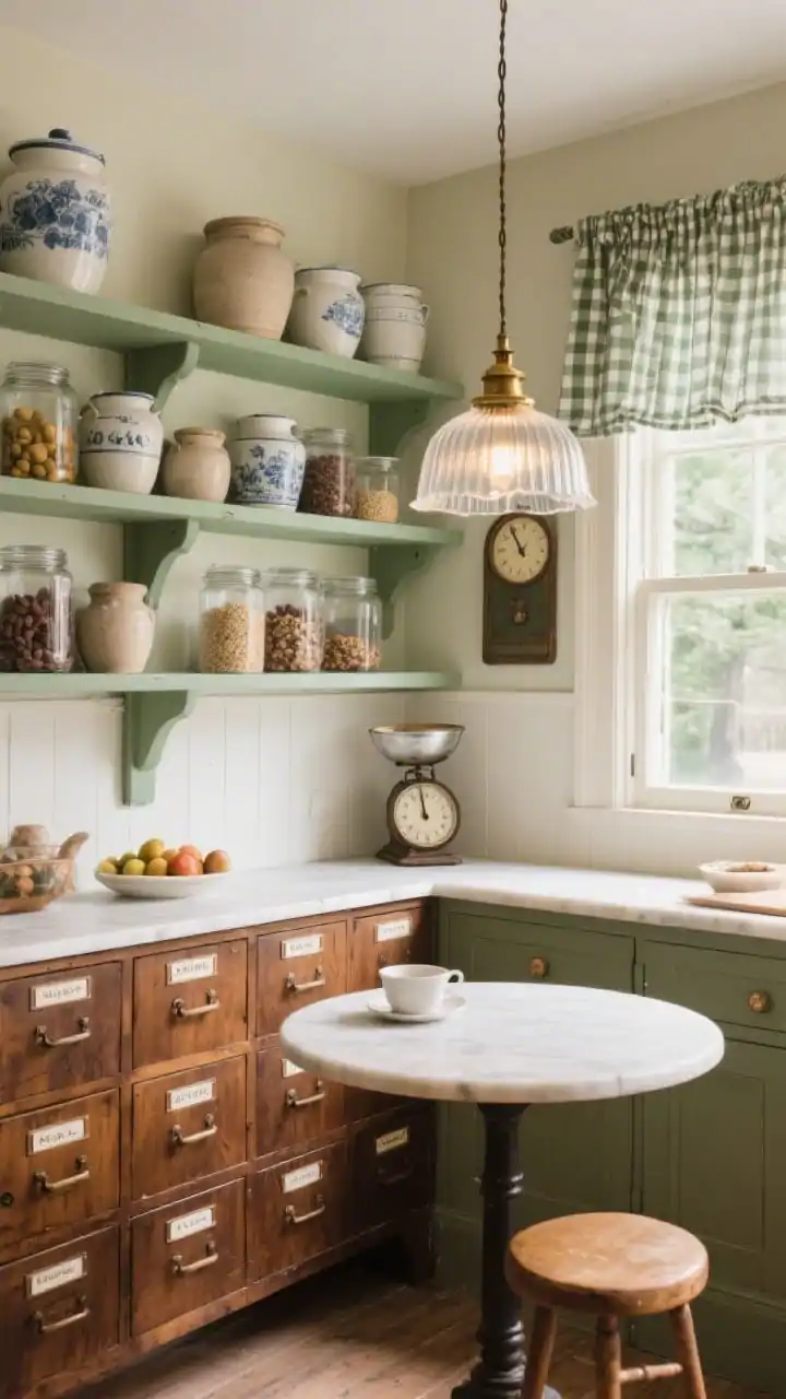 Photorealistic wide shot of a vintage apothecary pantry in a sunny breakfast alcove, straight-on: a low warm-walnut multi-drawer apothecary cabinet with label holder pulls spans the short wall; above, floating shelves painted muted sage hold stoneware crocks, stacked ironstone, and clear jars of dried fruit and grains; a petite round table at center doubles as a prep perch; a fluted glass pendant with antique brass finish glows warmly; accents include a schoolhouse clock, gingham café curtains at the window, and a vintage scale; color palette: walnut, sage green, cream; cozy, collected old-world café mood.