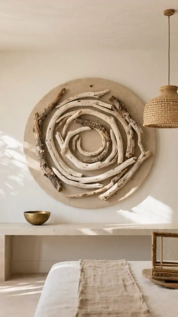 Photorealistic wide shot of an oversized circular driftwood artwork on a round, sand-painted backer (30–42 inches diameter) mounted above a low-profile console; driftwood arranged in an elegant spiral pattern mixing smooth, bleached sticks with a few rugged, barky pieces for contrast; mounted flush with French-cleat realism; room details include raw linen runner, aged brass bowl, and a rattan pendant in frame; warm, natural daylight rakes across to emphasize the graphic, boutique-eco-resort vibe.
