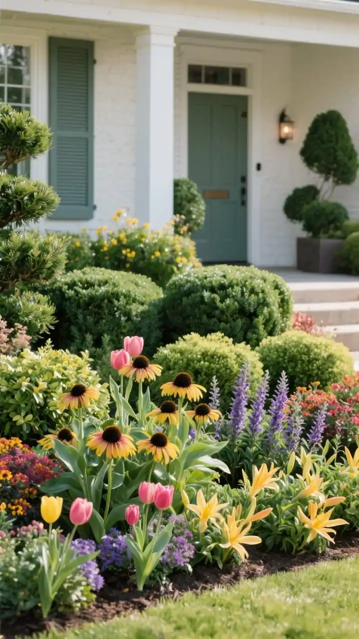 Photorealistic wide shot, straight-on, of a planting scheme mixing evergreens with seasonal showstoppers for year-round structure: backbone evergreens boxwood, holly, and yew forming tidy bones; layered perennial color with coneflower, black-eyed Susan, salvia, and daylilies in clustered repeats of three to five; seasonal accents of spring tulips and daffodils interspersed; bloom colors subtly echo the front door/shutters; bright natural daylight to capture vibrant hues and glossy evergreen textures, no people.