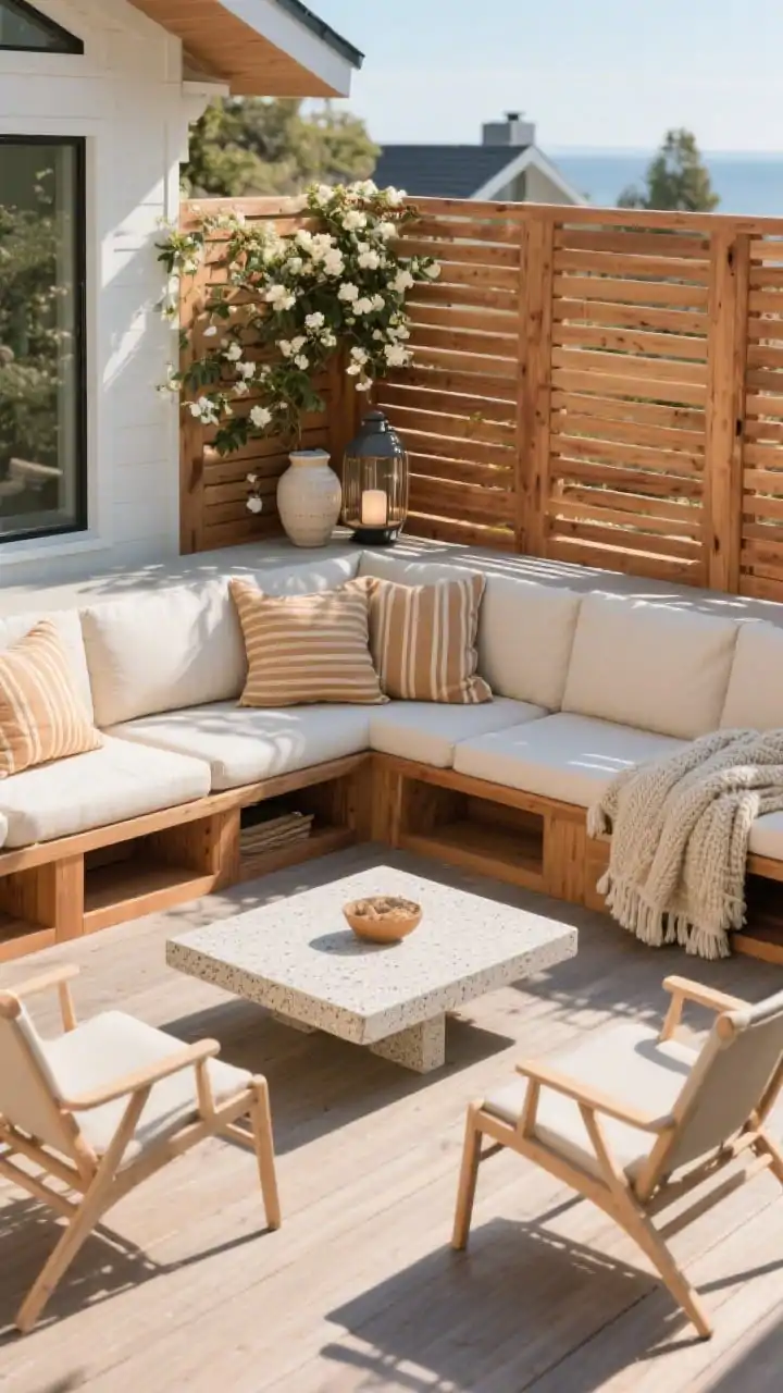 Photorealistic wide shot, sunny lounge deck with built-in L-shaped cedar bench seating hugging the corner, boxy weatherproof cushions in warm sand tones with striped toss pillows; under-seat storage hinted by clean bench fronts; a low rectangular cement or terrazzo coffee table centered, two lightweight lounge chairs completing a conversation zone; a slatted wood privacy screen behind with climbing jasmine; ceramic lanterns and a chunky knit outdoor throw; color palette cedar, sand, cream with terracotta accents; bright daytime light, straight-on perspective emphasizing spacious layout