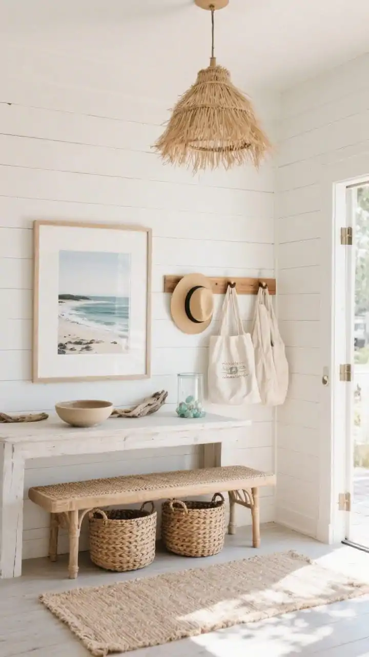 Photorealistic wide shot with airy daylight of a coastal natural retreat entry: whitewashed shiplap walls, bleached jute runner; rattan bench beneath framed coastal photography; woven baskets tucked under the bench; oak peg rail holding linen hats and canvas totes; seagrass pendant overhead casting warm textured light; console surface styled with driftwood accents, a shallow ceramic bowl, and a glass hurricane; palette of soft white, sandy beige, sea glass; breezy, relaxed, sunlit feel; no people.